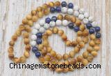 GMN6457 Knotted 8mm, 10mm golden tiger eye, lapis lazuli & matte white howlite 108 beads mala necklaces