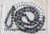 GMN6459 Knotted 8mm, 10mm snowflake obsidian, garnet & matte white howlite 108 beads mala necklaces