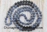 GMN6464 Hand-knotted 8mm, 10mm blue spot stone & black lava 108 beads mala necklaces