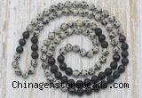 GMN6465 Hand-knotted 8mm, 10mm dalmatian jasper, black lava & garnet 108 beads mala necklaces