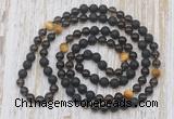 GMN6469 Knotted 8mm, 10mm black lava, smoky quartz & golden tiger eye 108 beads mala necklaces
