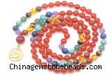GMN6486 Knotted 7 Chakra 8mm, 10mm red agate 108 beads mala necklace with charm