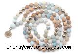 GMN6490 Knotted 8mm, 10mm matte amazonite & picture jasper 108 beads mala necklace with charm