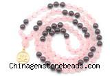 GMN6498 Knotted 8mm, 10mm rose quartz & garnet 108 beads mala necklace with charm
