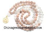 GMN6500 Knotted 8mm, 10mm sunstone, white crystal & white jade 108 beads mala necklace with charm