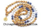 GMN6503 Knotted 8mm, 10mm golden tiger eye, lapis lazuli & matte white howlite 108 beads mala necklace with charm