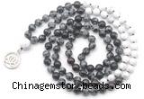 GMN6505 Knotted 8mm, 10mm snowflake obsidian, garnet & matte white howlite 108 beads mala necklace with charm