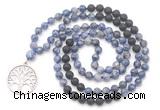 GMN6510 Knotted 8mm, 10mm blue spot stone & black lava 108 beads mala necklace with charm