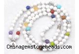 GMN7072 7 Chakra 8mm white howlite 108 mala beads wrap bracelet necklaces