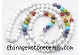 GMN7074 7 Chakra 8mm white howlite 108 mala beads wrap bracelet necklaces