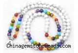 GMN7076 7 Chakra 8mm white howlite 108 mala beads wrap bracelet necklaces