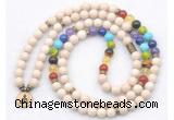 GMN7119 7 Chakra 8mm white fossil jasper 108 mala beads wrap bracelet necklaces