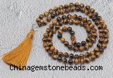 GMN739 Hand-knotted 8mm, 10mm yellow tiger eye 108 beads mala necklaces with tassel