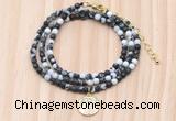 GMN7541 4mm faceted round tiny black & white jasper beaded necklace with letter charm