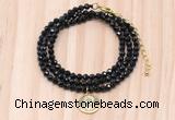 GMN7545 4mm faceted round tiny black onyx beaded necklace with letter charm