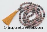 GMN795 Hand-knotted 8mm, 10mm rhodonite 108 beads mala necklace with tassel