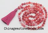GMN798 Hand-knotted 8mm, 10mm red banded agate 108 beads mala necklace with tassel