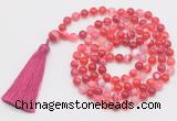 GMN803 Hand-knotted 8mm, 10mm red banded agate 108 beads mala necklace with tassel