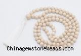 GMN815 Hand-knotted 8mm, 10mm white fossil jasper 108 beads mala necklace with tassel