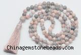 GMN816 Hand-knotted 8mm, 10mm pink zebra jasper 108 beads mala necklace with tassel