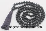 GMN822 Hand-knotted 8mm, 10mm black obsidian 108 beads mala necklace with tassel