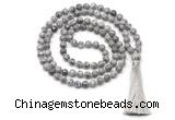 GMN8523 8mm, 10mm grey picture jasper 27, 54, 108 beads mala necklace with tassel