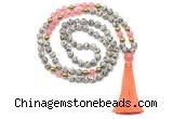 GMN8557 8mm, 10mm dalmatian jasper, cherry quartz & hematite 108 beads mala necklace with tassel