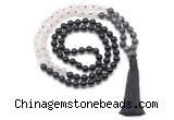 GMN8560 8mm, 10mm black labradorite, matte rose quartz & black agate 108 beads mala necklace with tassel