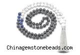 GMN8562 8mm, 10mm black labradorite, lapis lazuli & matte white howlite 108 beads mala necklace with tassel