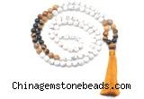 GMN8563 8mm, 10mm matte white howlite & mixed gemstone 108 beads mala necklace with tassel