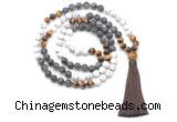 GMN8564 8mm, 10mm matte white howlite, black labradorite & yellow tiger eye 108 beads mala necklace with tassel