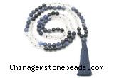 GMN8570 8mm, 10mm matte sodalite, white crystal & black agate 108 beads mala necklace with tassel