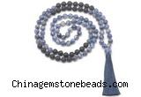 GMN8573 8mm, 10mm blue spot stone & black lava 108 beads mala necklace with tassel