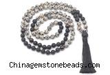 GMN8574 8mm, 10mm dalmatian jasper, black lava & garnet 108 beads mala necklace with tassel