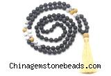 GMN8578 8mm, 10mm black lava, matte white howlite & golden tiger eye 108 beads mala necklace with tassel