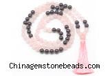 GMN8582 8mm, 10mm rose quartz & garnet 108 beads mala necklace with tassel