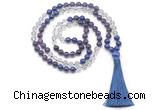 GMN8587 8mm, 10mm amethyst, white crystal & lapis lazuli 108 beads mala necklace with tassel