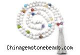 GMN8601 Hand-knotted 7 Chakra 8mm, 10mm white howlite 108 beads mala necklace with tassel