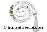 GMN8602 Hand-knotted 7 Chakra 8mm, 10mm white howlite 108 beads mala necklace with tassel