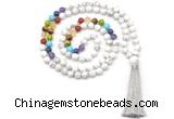 GMN8603 Hand-knotted 7 Chakra 8mm, 10mm white howlite 108 beads mala necklace with tassel