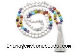 GMN8604 Hand-knotted 7 Chakra 8mm, 10mm white howlite 108 beads mala necklace with tassel