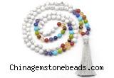 GMN8605 Hand-knotted 7 Chakra 8mm, 10mm white howlite 108 beads mala necklace with tassel