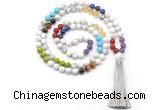 GMN8606 Hand-knotted 7 Chakra 8mm, 10mm white howlite 108 beads mala necklace with tassel