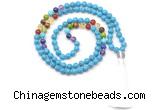 GMN8613 Hand-knotted 7 Chakra 8mm, 10mm imitation turquoise 108 beads mala necklace with tassel