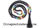 GMN8615 Hand-knotted 7 Chakra 8mm, 10mm black lava 108 beads mala necklace with tassel