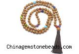 GMN8622 Hand-knotted 7 Chakra 8mm, 10mm wooden jasper 108 beads mala necklace with tassel