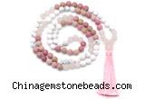 GMN8627 8mm, 10mm matte white howlite, red jasper & rose quartz 108 beads mala necklace with tassel