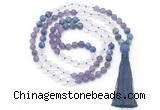 GMN8629 8mm, 10mm matte amethyst, white crystal & lapis lazuli 108 beads mala necklace with tassel