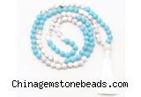 GMN8631 8mm, 10mm white & blue howlite 108 beads mala necklace with tassel