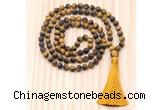 GMN8724 Hand-Knotted 8mm, 10mm Matte Yellow Tiger Eye 108 Beads Mala Necklace